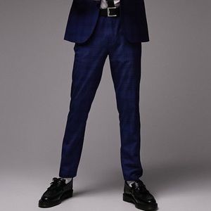 Topman Slim Checked Suit Trousers Mid Blue
